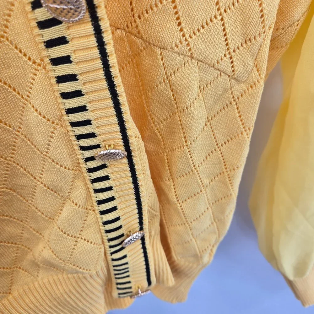 Yellow Sheer Sleeve Knit V-Neck Lightweight Cardigan Blouse Size Small